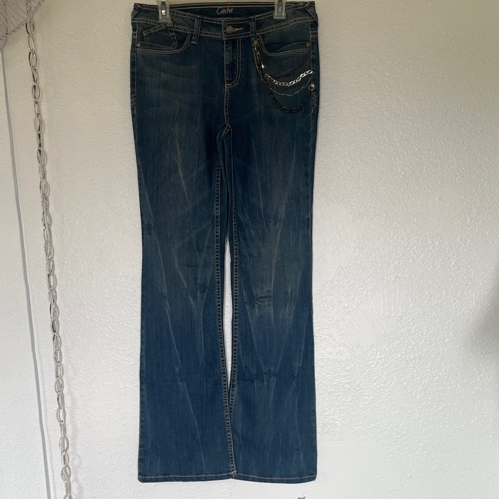 Cache Dark Blue Flare Jeans with Chain Accent